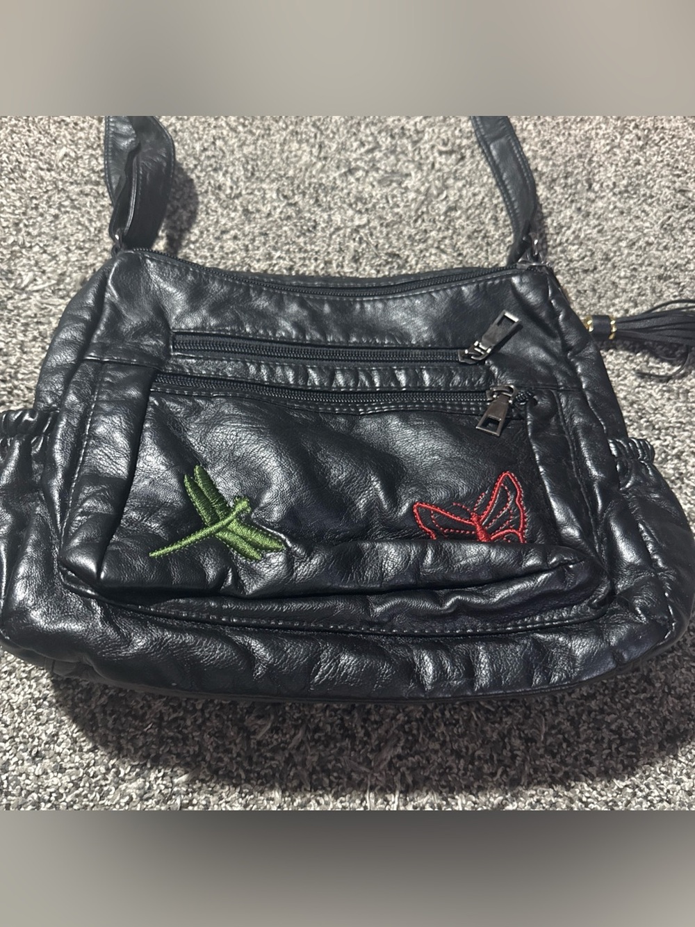 Unbranded Faux Leather 12”x7” Purse Butterfly Dragonfly Multi Zip Pockets